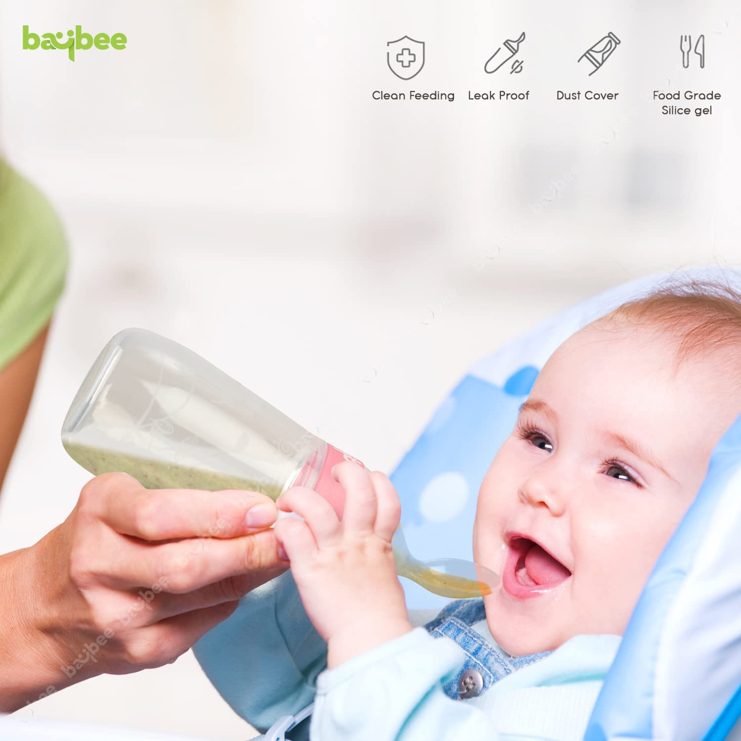 Baybee Silicone Food Feeder, Anti-Colic & BPA Free Squeeze Feeder Bottle with Spoon for Semi-Solid Food for Infants | Baby Squeeze Food Feeder for Baby 3+ Months (Pink)
