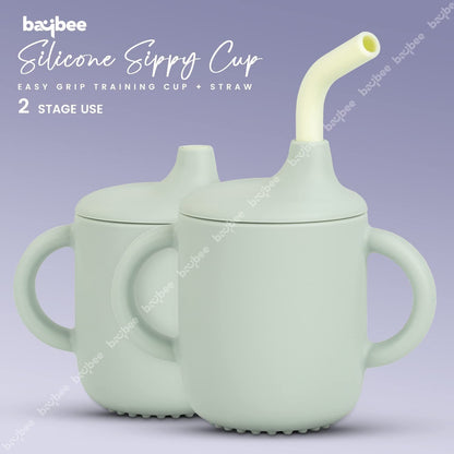 BAYBEE Baby BPA-Free Silicone Sipper Cup Drinking Training Anti Spill Sippy Cup/Glass with Soft Silicone Straw & Lid for Baby and Toddler Unbreakable, Spill Proof and Non-Slip Twin Handles Spout Cup for Infants /Kids 6+ Months(Green)