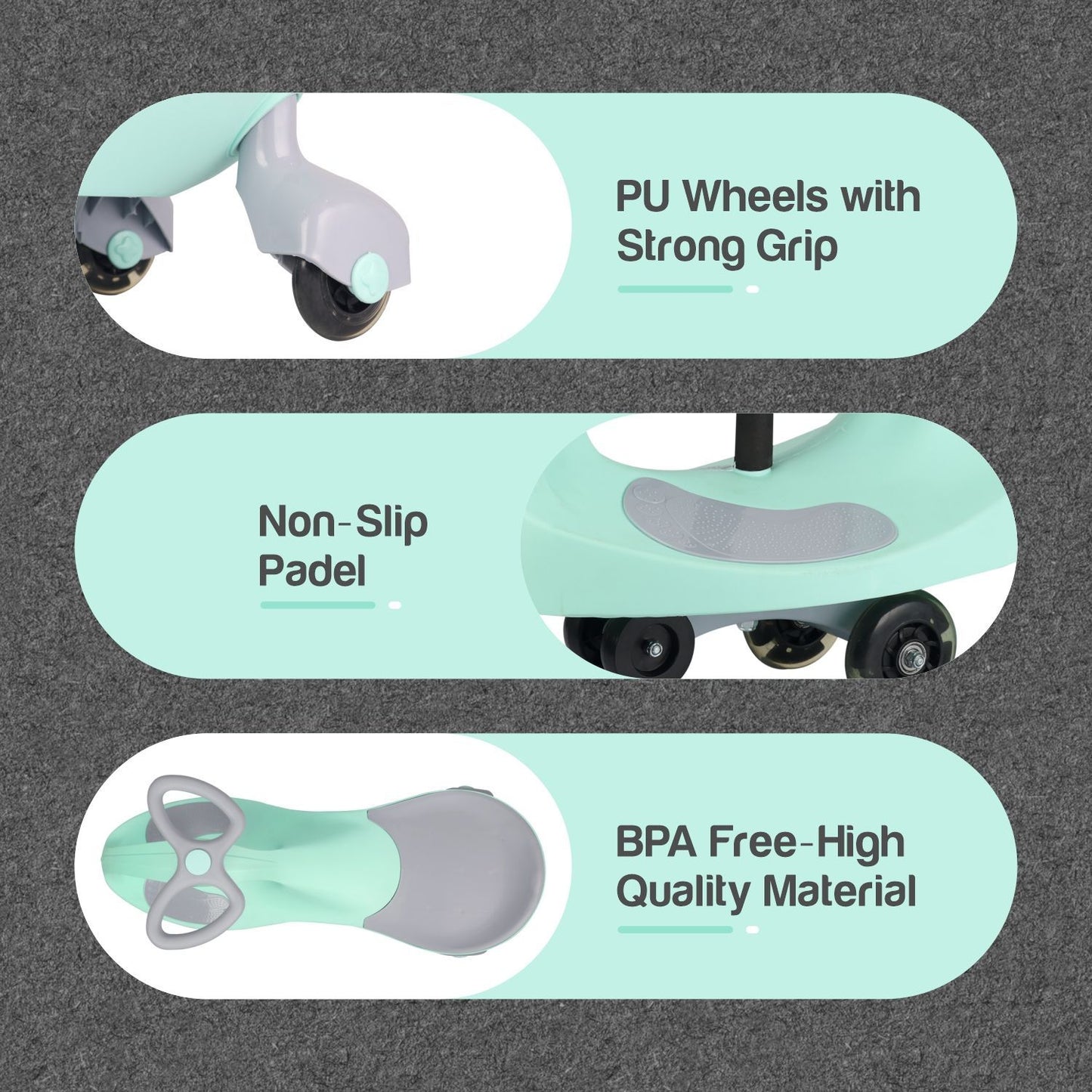 R for Rabbit Iya Iya Ace Swing Car - Non-Sliped Paddel, PU LED Wheels, Up To 85 Kgs Capacity Green