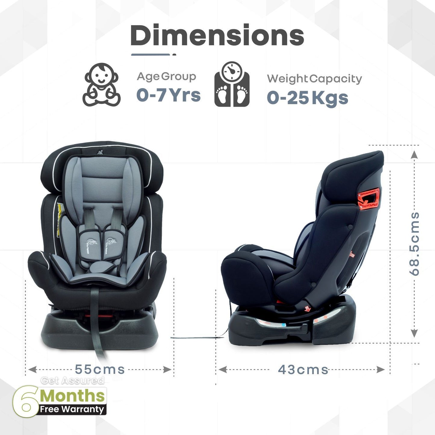 R for Rabbit Jack N Jill Grand Car Seat for Kids 0 to 7 Years Black Grey