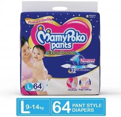 MamyPoko Pants Extra Absorb Diaper, Large (Pack of 64) - L  (64 Pieces) 9-14Kg