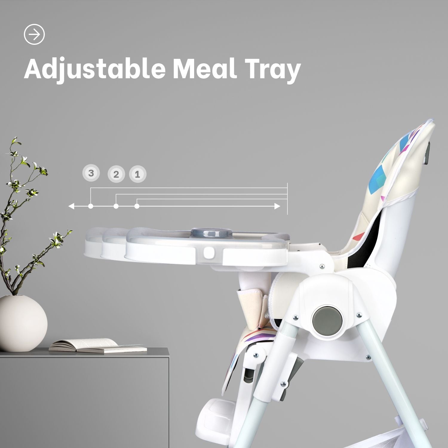 R for Rabbit Marshmallow High Chair - 7 Level Height Adjustment, 3 Recline Modes, Adjustable & Removable Double Meal Tray Abstract White
