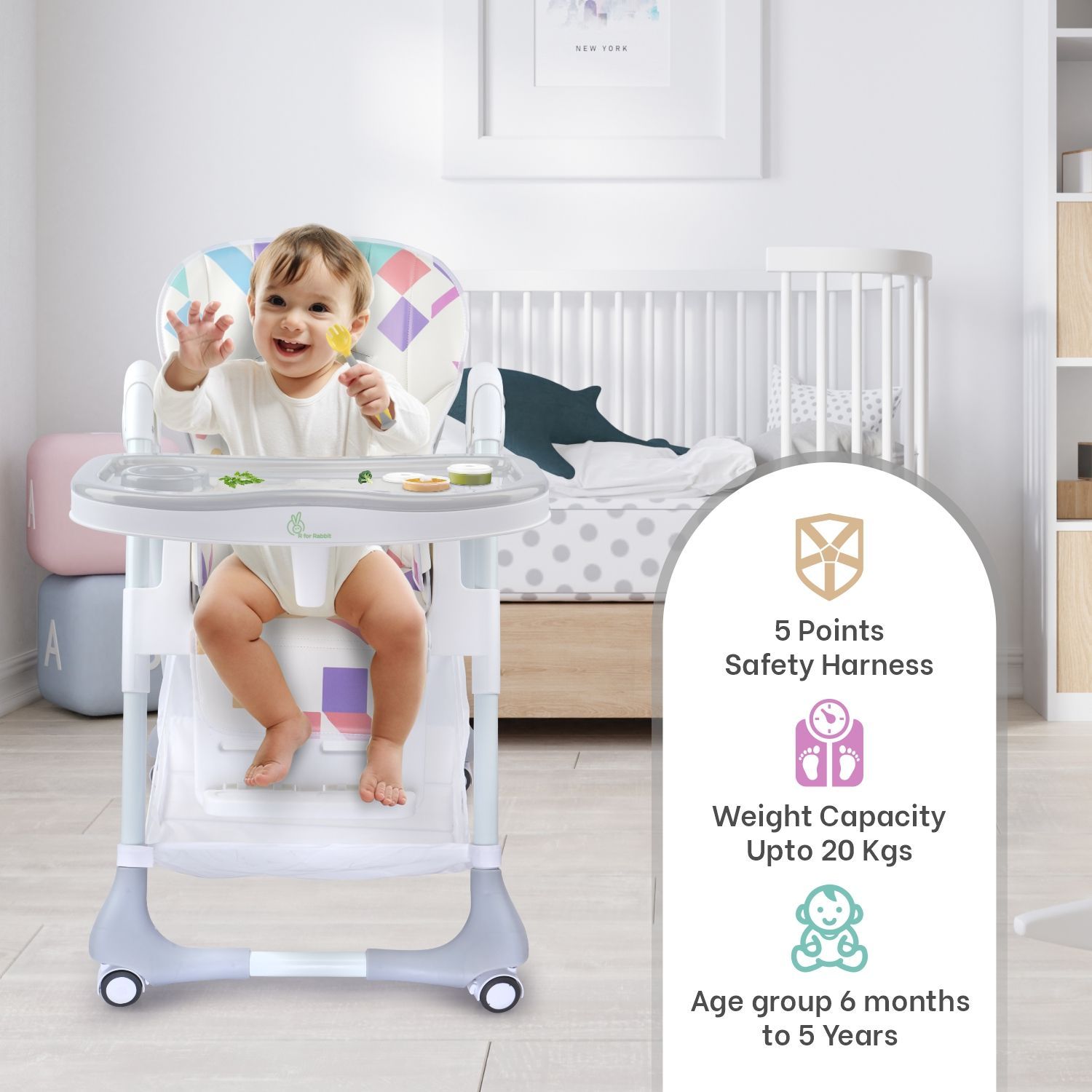 R for Rabbit Marshmallow High Chair - 7 Level Height Adjustment, 3 Recline Modes, Adjustable & Removable Double Meal Tray Abstract White