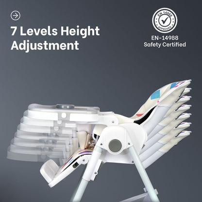 R for Rabbit Marshmallow High Chair - 7 Level Height Adjustment, 3 Recline Modes, Adjustable & Removable Double Meal Tray Abstract White