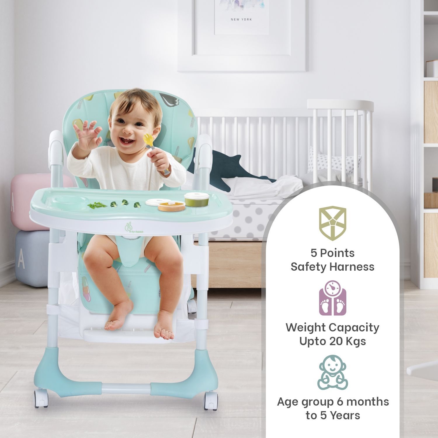 R for Rabbit Marshmallow High Chair - 7 Level Height Adjustment, 3 Recline Modes, Adjustable & Removable Double Meal Tray Candy Blue