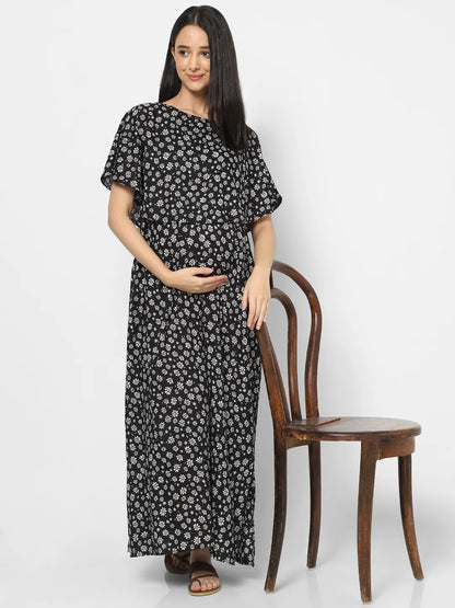 Mystere Paris Black Floral Printed Maternity Dress