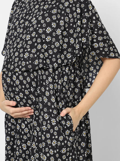 Mystere Paris Black Floral Printed Maternity Dress