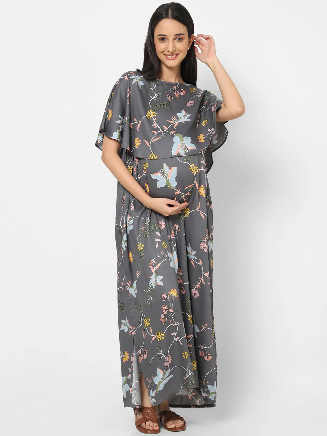 Mystere Paris Grey Hibiscus Printed Maternity Dress