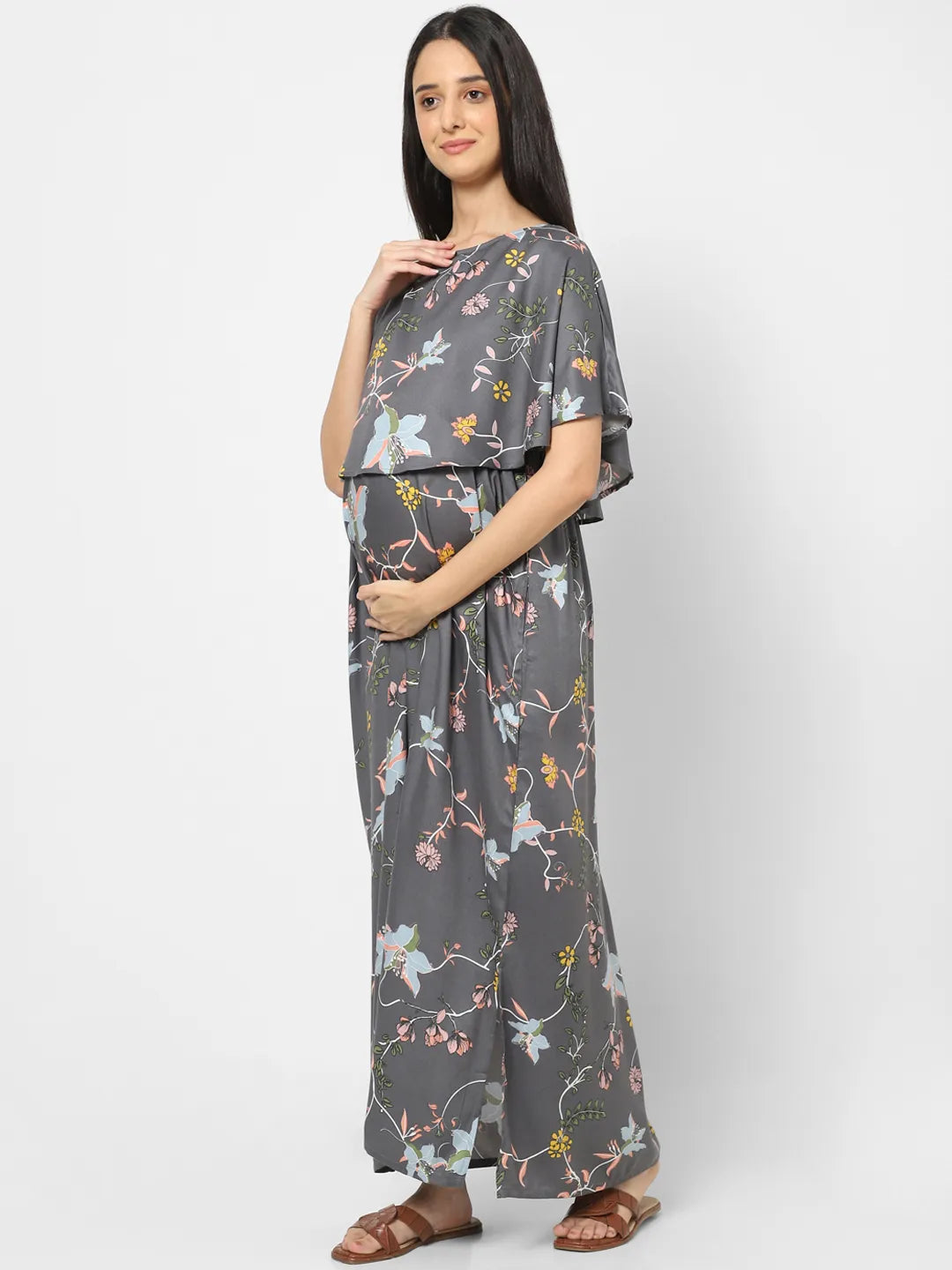 Mystere Paris Grey Hibiscus Printed Maternity Dress