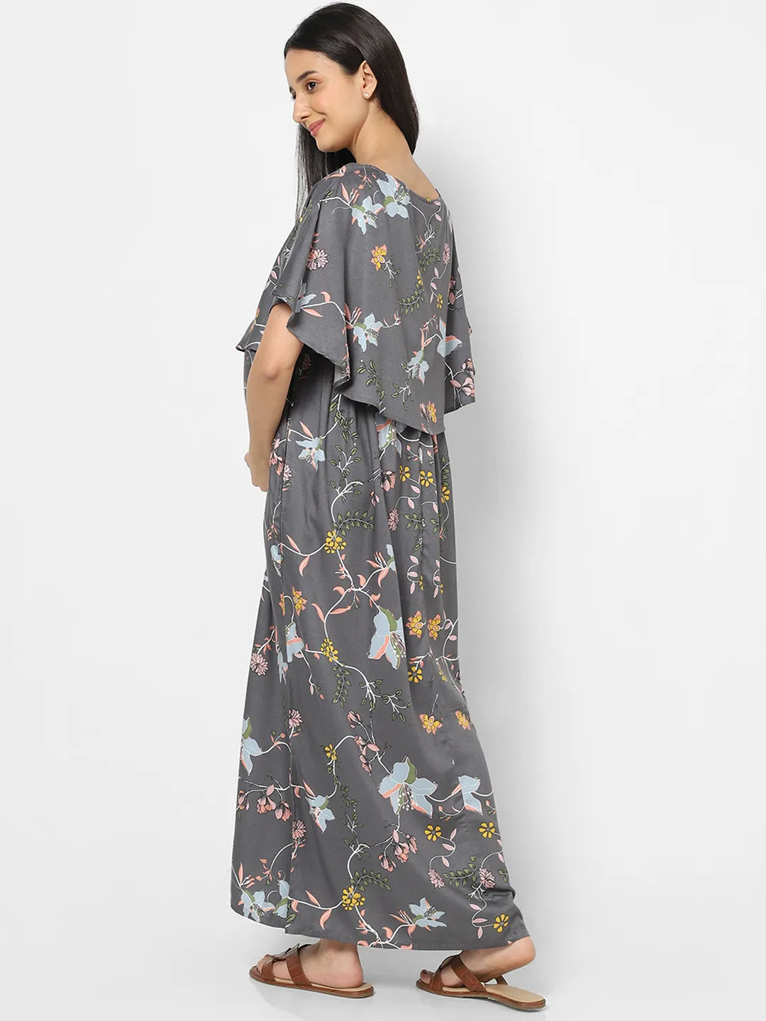 Mystere Paris Grey Hibiscus Printed Maternity Dress