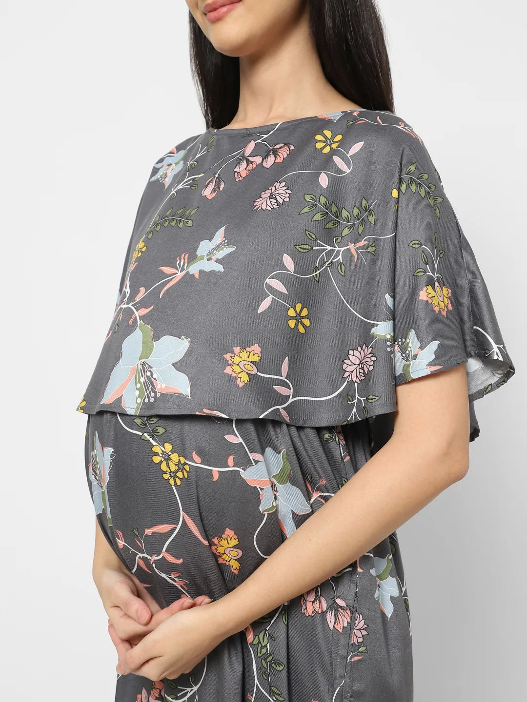 Mystere Paris Grey Hibiscus Printed Maternity Dress