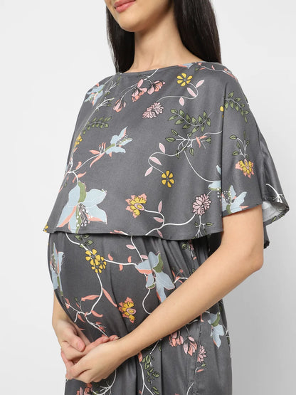 Mystere Paris Grey Hibiscus Printed Maternity Dress