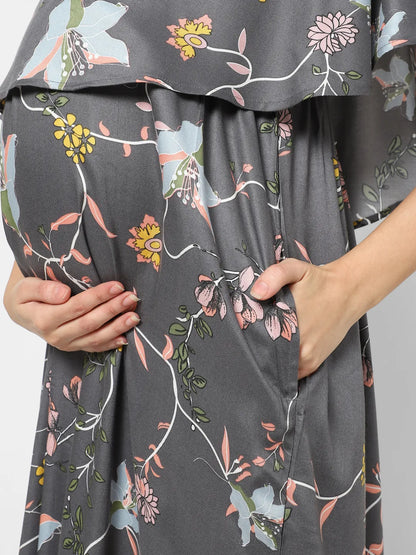 Mystere Paris Grey Hibiscus Printed Maternity Dress