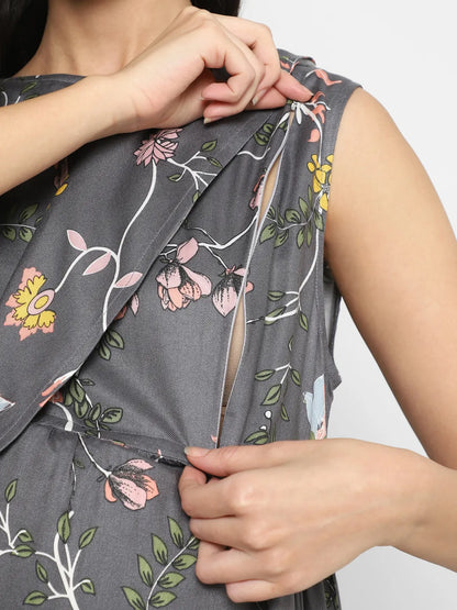 Mystere Paris Grey Hibiscus Printed Maternity Dress