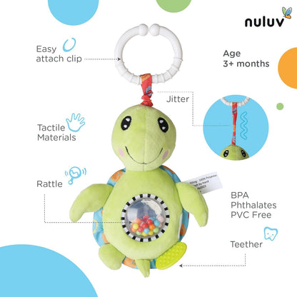 Nuluv Tortoise Jittery Teether Rattle Plush Toy Hanging Rattle, Stroller Toy with Tactile Material for Baby 3 Months+