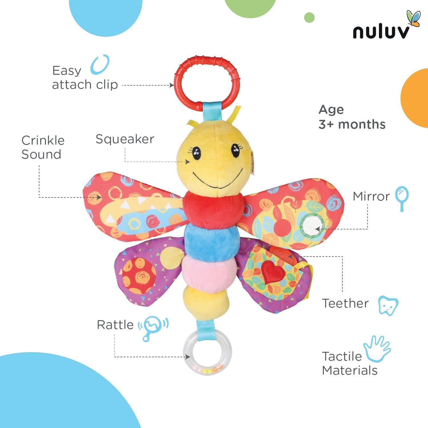 Nuluv Butterfly Plush Toy Hanging Rattle, Stroller Toy with Squeaky Crinkle Sound Rattle & Teether for Baby 3 Months+,Multicolor