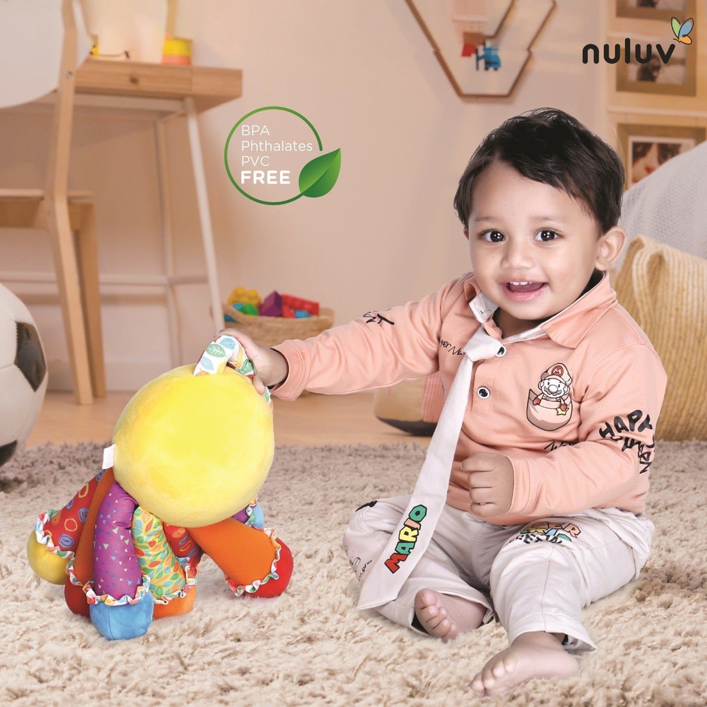 Nuluv Activity Octopus Early Learning Play Soft Toy with Crinkle Sound Rattle for Baby 3 Months+