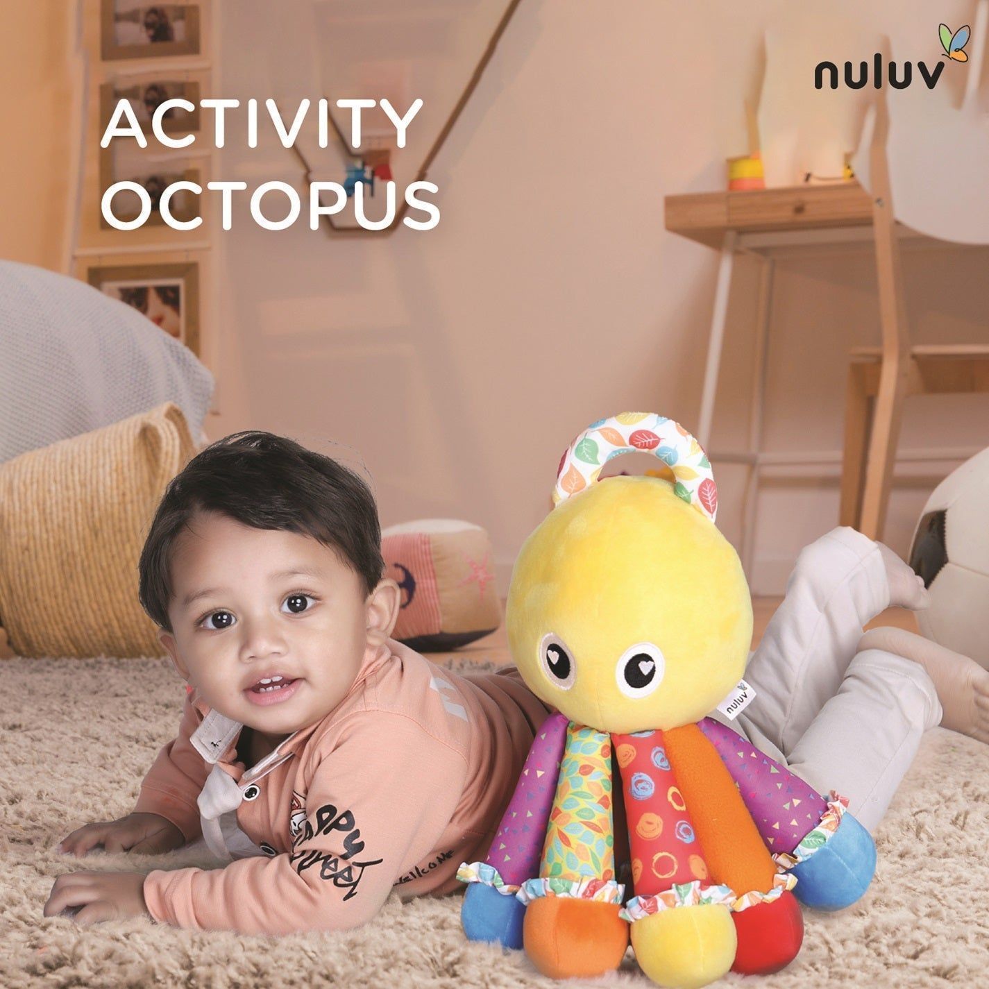 Nuluv Activity Octopus Early Learning Play Soft Toy with Crinkle Sound Rattle for Baby 3 Months+