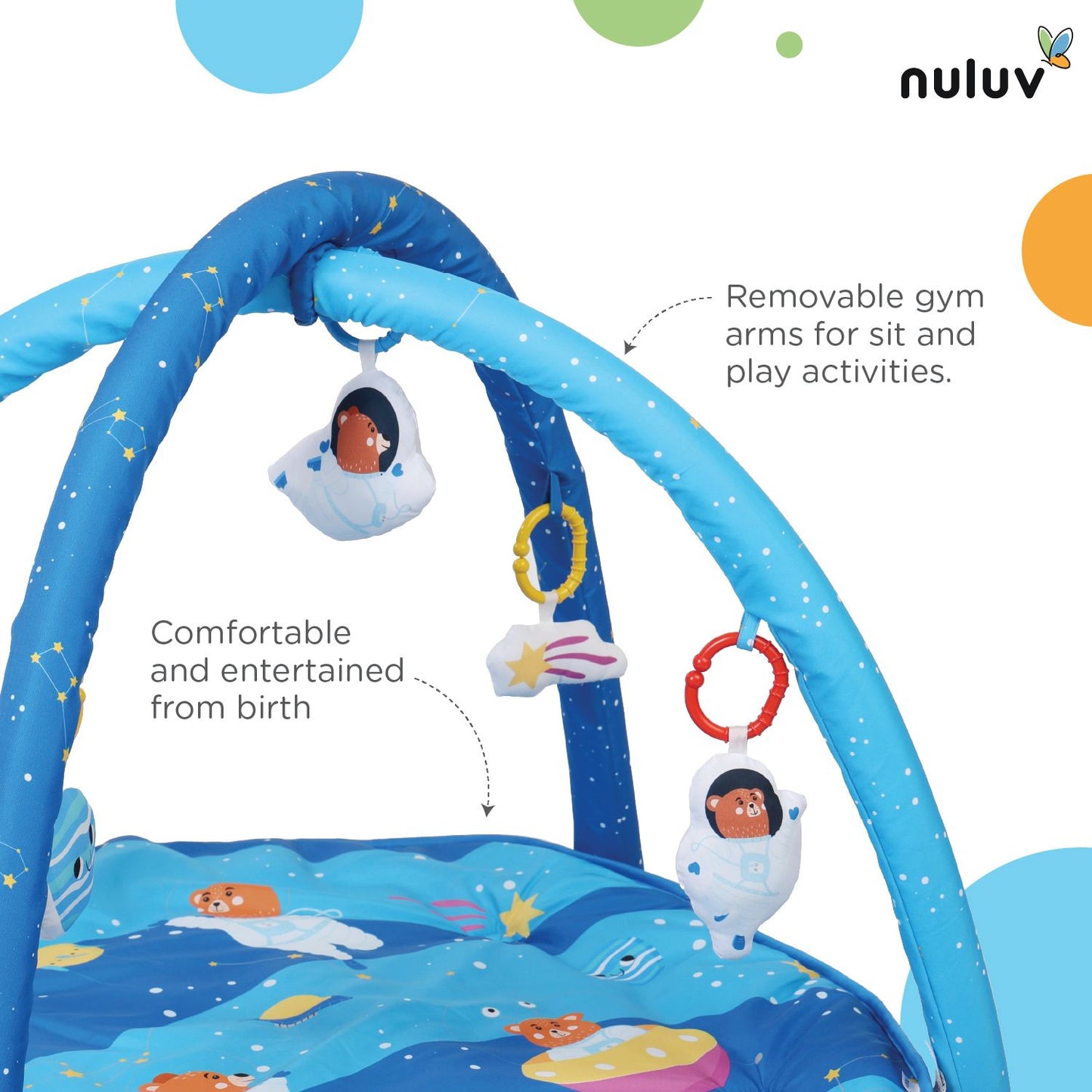 Nuluv Baby Playgym for Babies | Activity Play Gym Mat with 5 Hanging Toys|Foldable&Durable Cotton Play Mat|Baby Crawling Mats for Floor for 0 to 24 Months (Space)