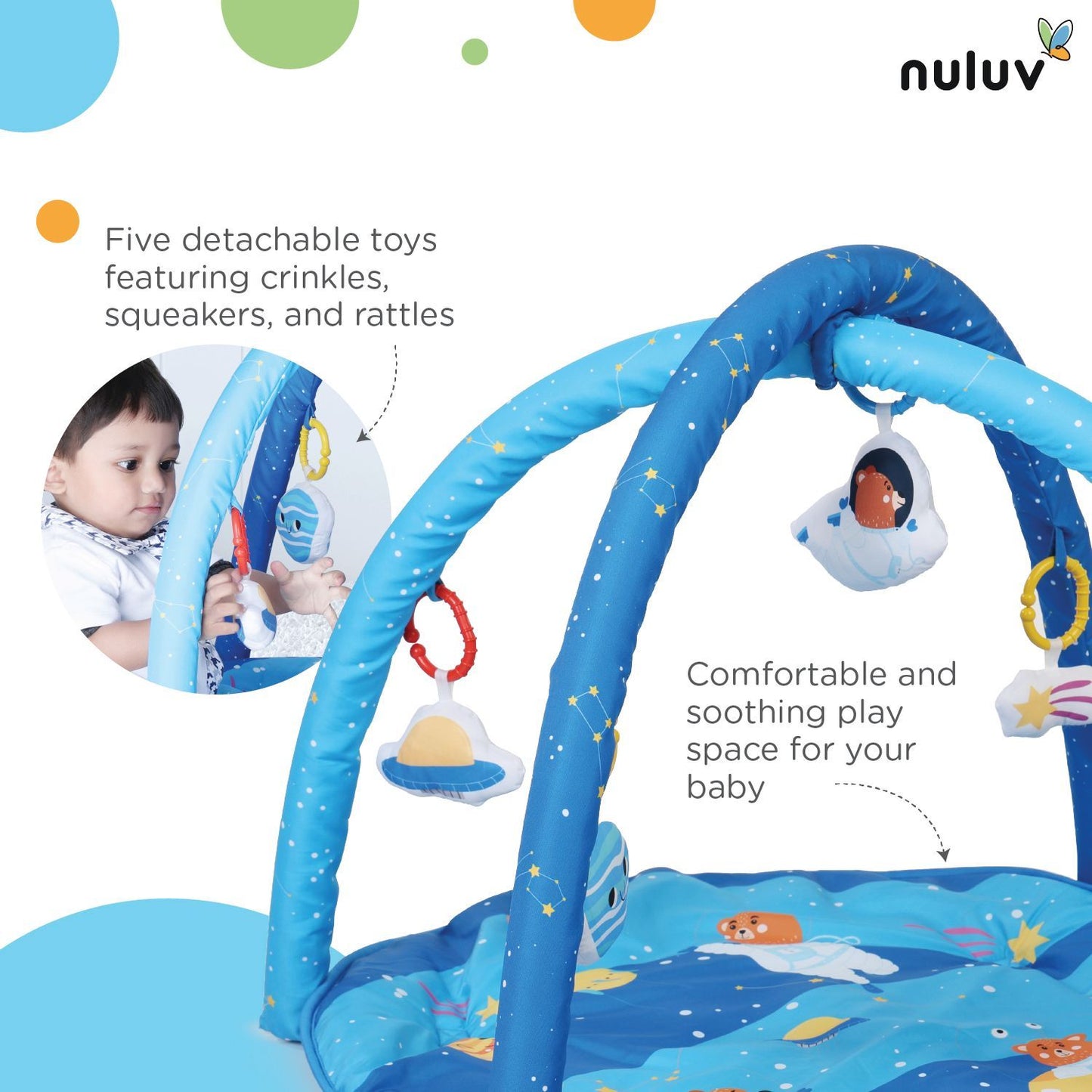 Nuluv Baby Playgym for Babies | Activity Play Gym Mat with 5 Hanging Toys|Foldable&Durable Cotton Play Mat|Baby Crawling Mats for Floor for 0 to 24 Months (Space)