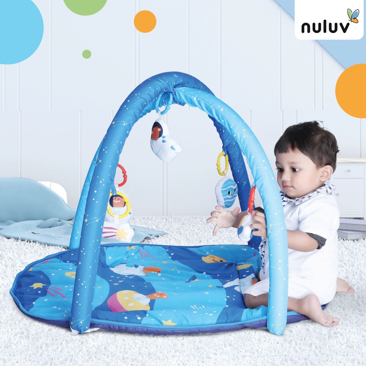 Nuluv Baby Playgym for Babies | Activity Play Gym Mat with 5 Hanging Toys|Foldable&Durable Cotton Play Mat|Baby Crawling Mats for Floor for 0 to 24 Months (Space)