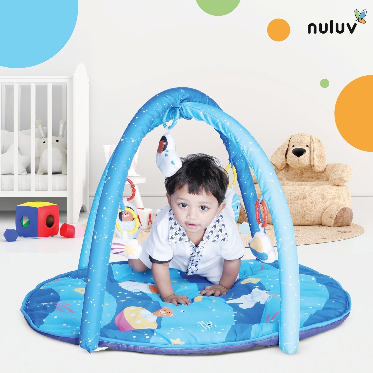 Nuluv Baby Playgym for Babies | Activity Play Gym Mat with 5 Hanging Toys|Foldable&Durable Cotton Play Mat|Baby Crawling Mats for Floor for 0 to 24 Months (Space)