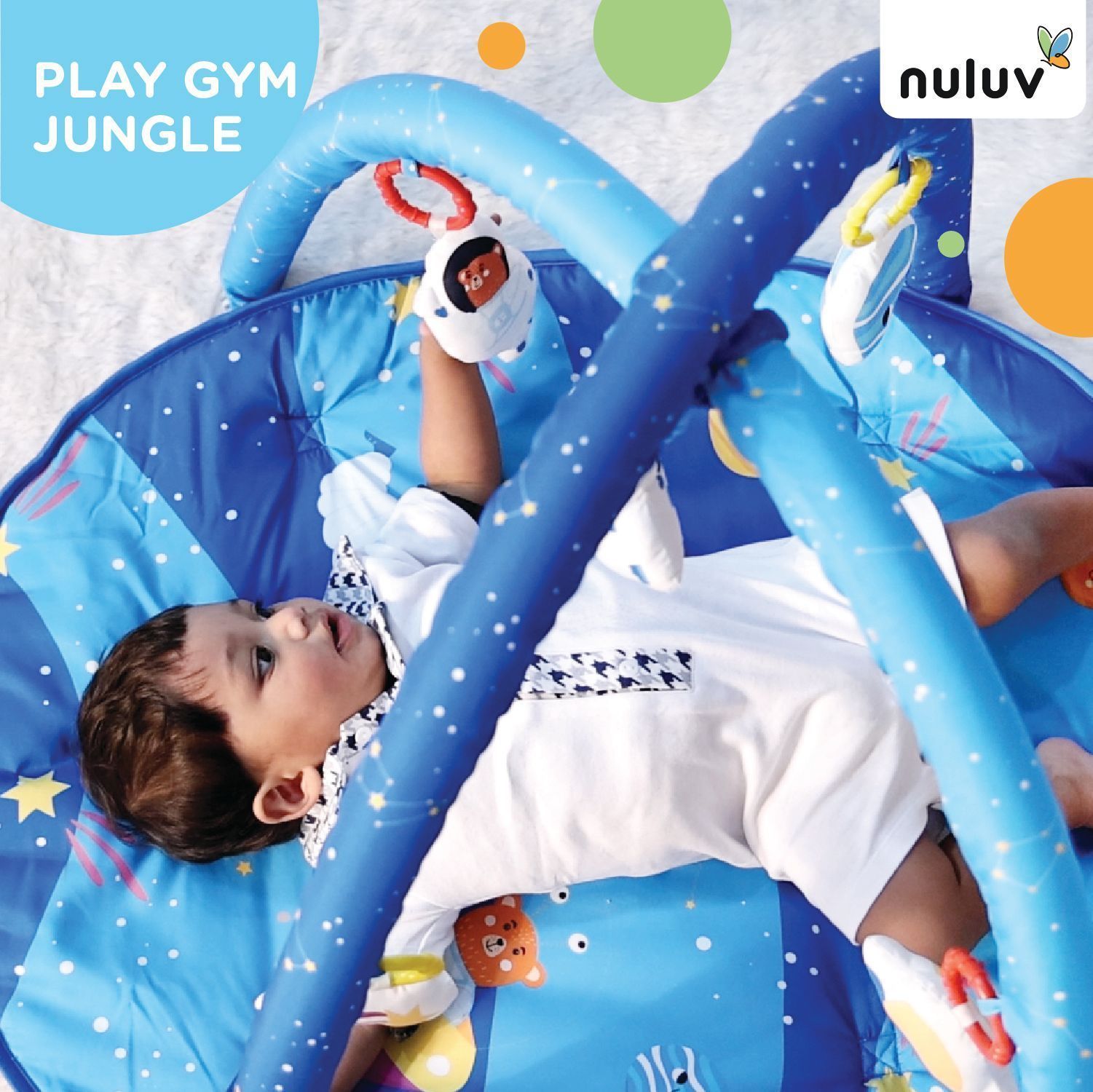 Nuluv Baby Playgym for Babies | Activity Play Gym Mat with 5 Hanging Toys|Foldable&Durable Cotton Play Mat|Baby Crawling Mats for Floor for 0 to 24 Months (Space)