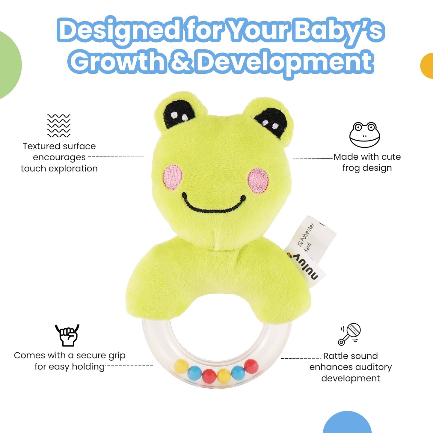 Nuluv Frog Ring Rattle Toy, Soft Toy with Rattle Sound, Ring Rattle for Babies and Infants, Develops Sight, Sound and Motor Skills, Lightweight and Portable, Non-Toxic, for Babies 3+ Months