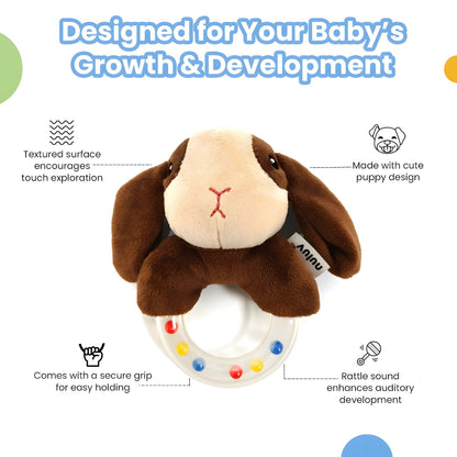 Nuluv Puppy Rattle Plush Toy, Soft Grip, Colorful Beads for Sensory Development, Perfect for 3 Months+ Babies