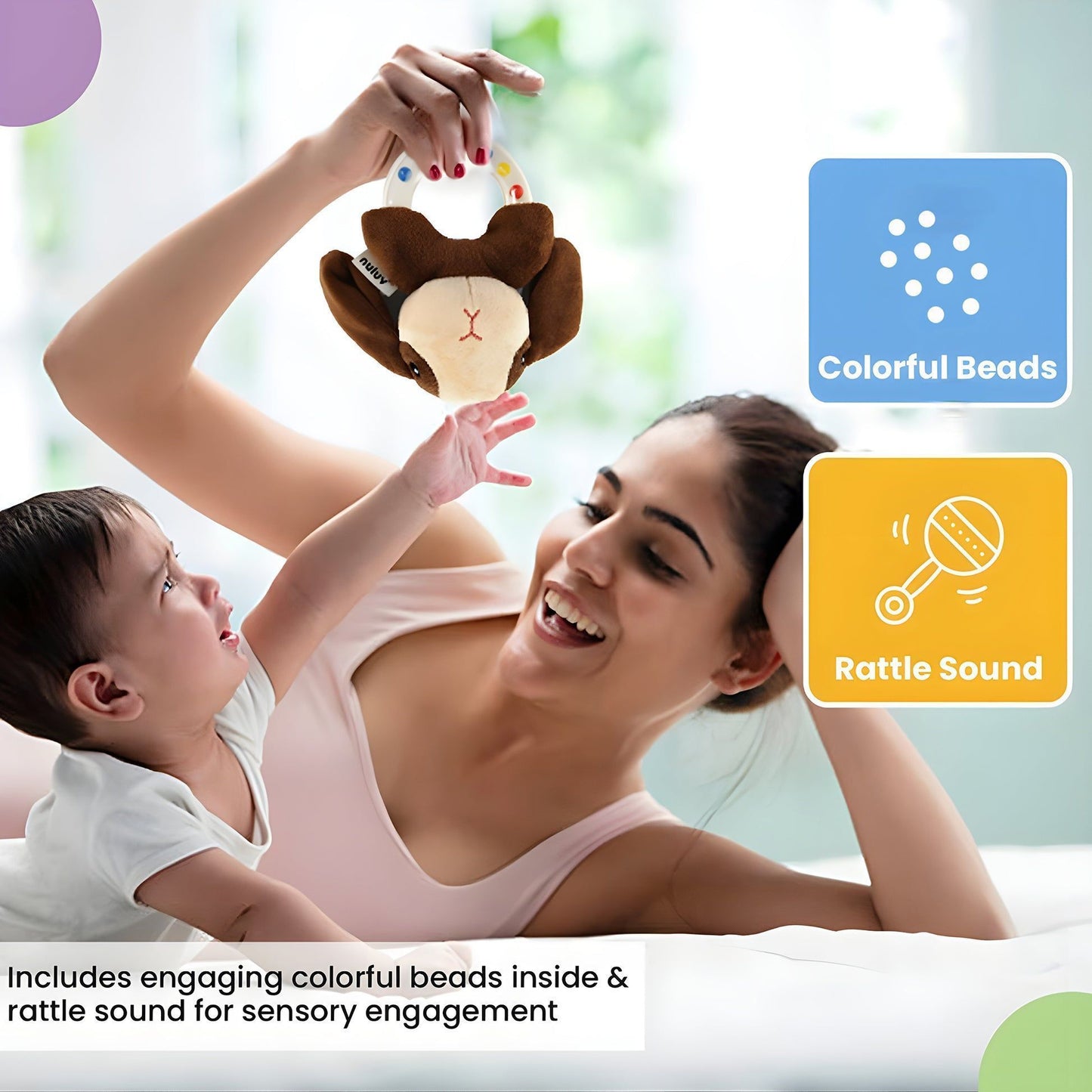 Nuluv Puppy Rattle Plush Toy, Soft Grip, Colorful Beads for Sensory Development, Perfect for 3 Months+ Babies