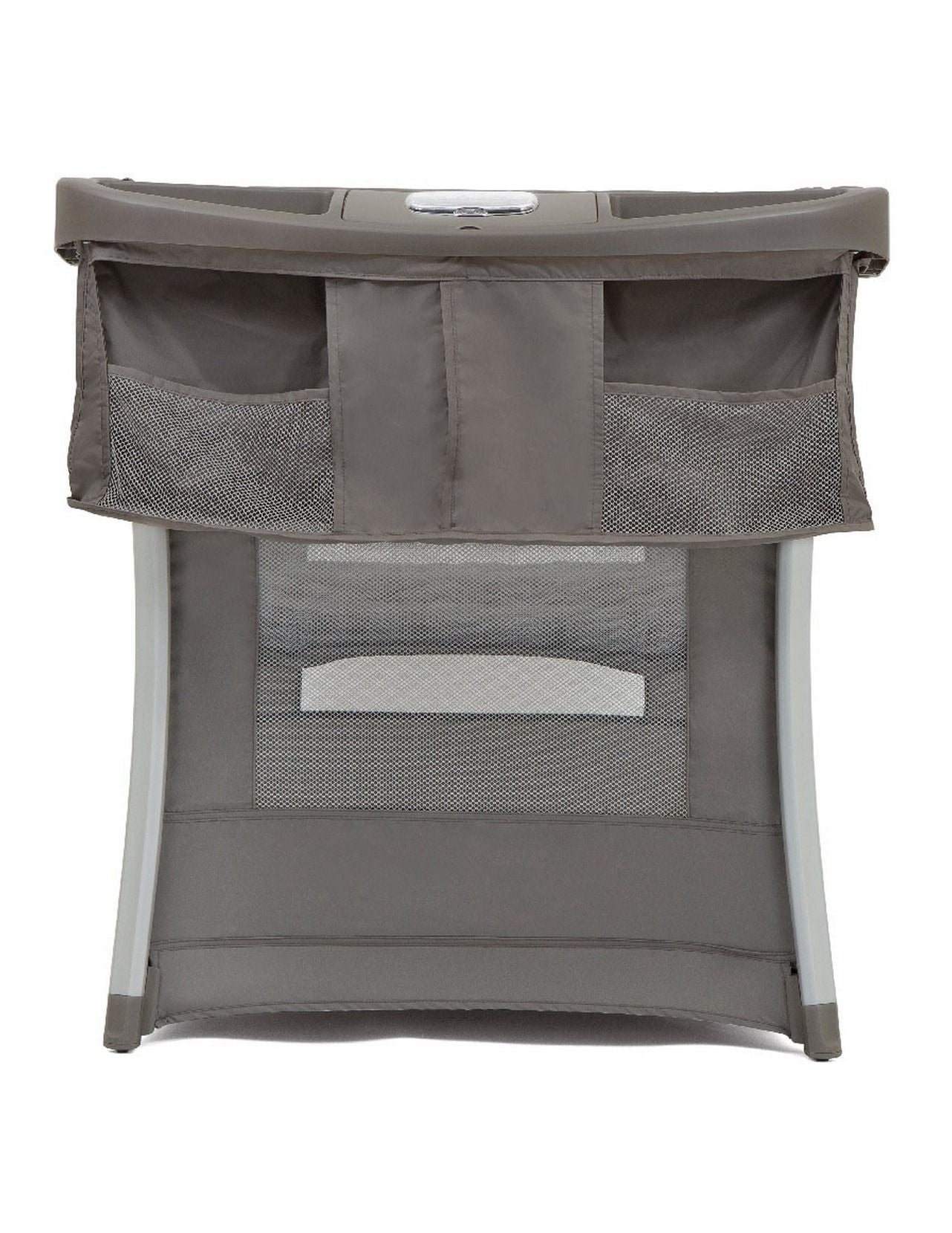 Joie Illusion Nickel Portable Baby Playard | Compact Mini Nursery with Deluxe Bassinet, Changing Table, Organizer & Integrated Wheels | Mesh Ventilation, Pop-Up Fold & Travel Bag l Birth to 15kg