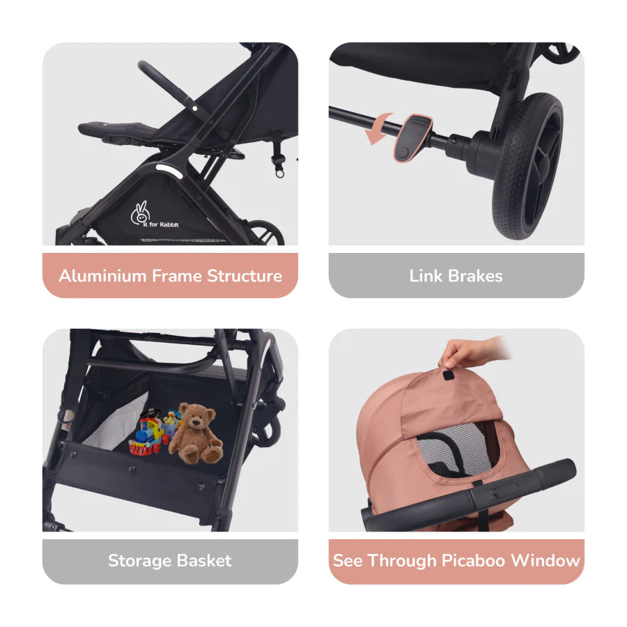 R For Rabbit Street Smart Ace Auto Fold Kids Stroller, Peach Black