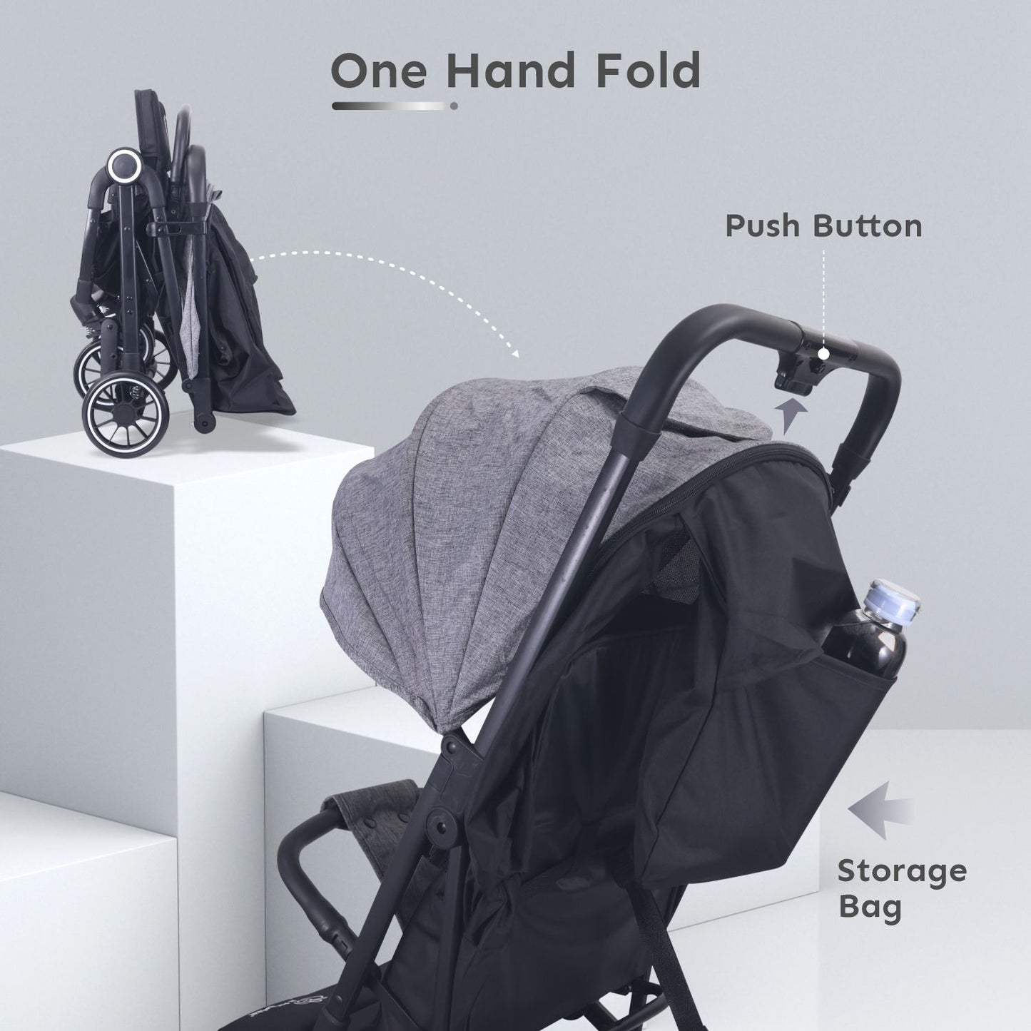 R for Rabbit Pocket Air Lite Stroller - One Hand Fold, Light Weight, Travel Friendly, Adjustable Canopy Grey