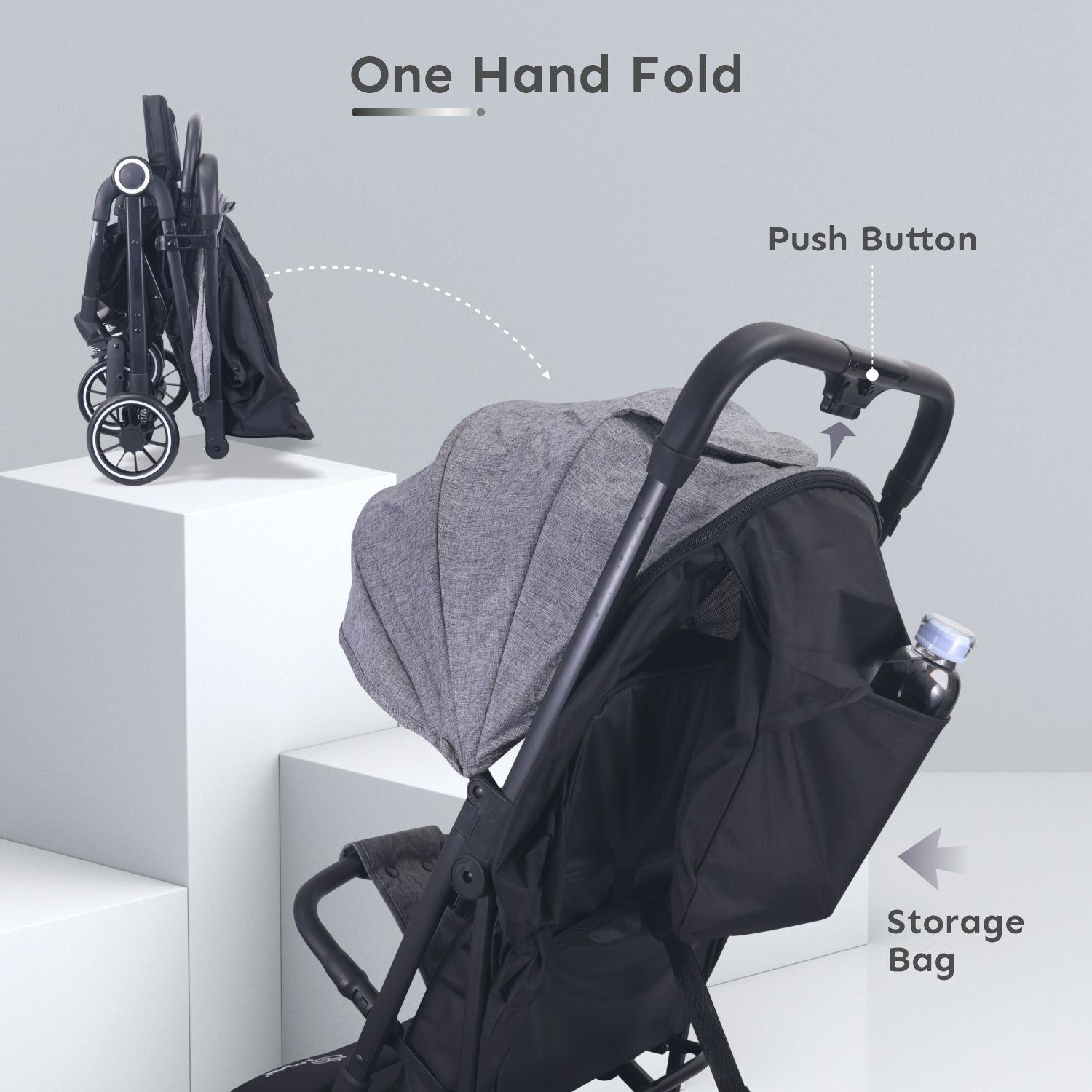 R for Rabbit Pocket Air Lite Stroller - One Hand Fold, Light Weight, Travel Friendly, Adjustable Canopy Grey