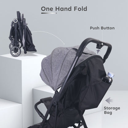 R for Rabbit Pocket Air Lite Stroller - One Hand Fold, Light Weight, Travel Friendly, Adjustable Canopy Grey