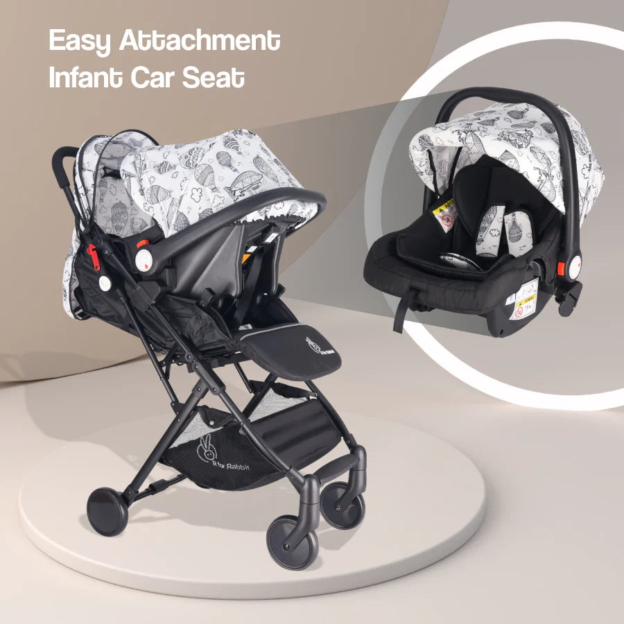 R For Rabbit Pocket Lite Travel System Kids Stroller With Infant Car Seat to a Carry Cot, Rocker or Feeding chair, Black Multi