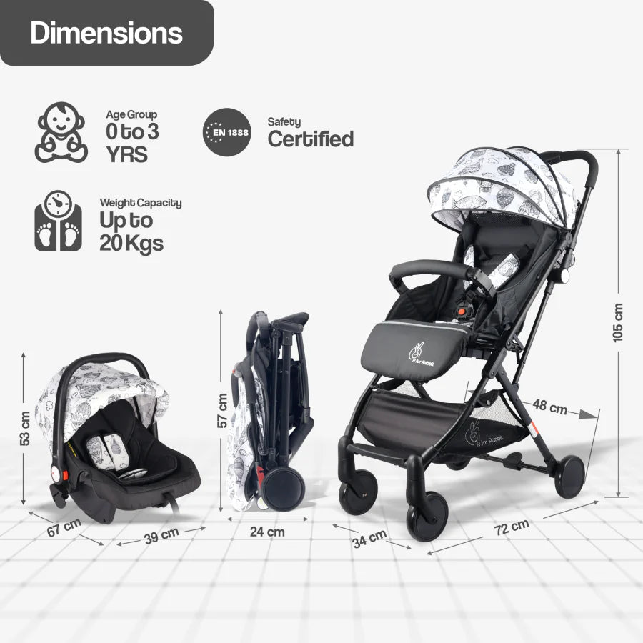 R For Rabbit Pocket Lite Travel System Kids Stroller With Infant Car Seat to a Carry Cot, Rocker or Feeding chair, Black Multi