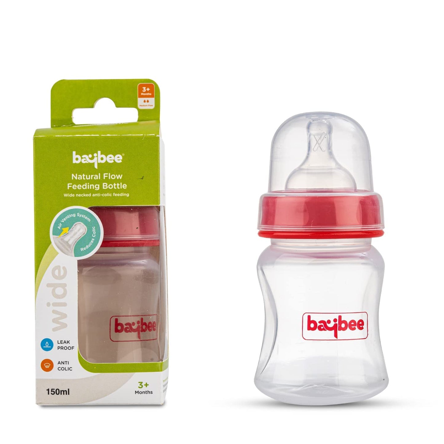 Baybee Natural Flow 150ml Milk Container for Newborn | BPA-Free, Leak-Proof, Anti-Colic, Wide Neck, Easy to Clean | Safe Baby Milk Dispenser for Infants 3+ Months | Baby Essentials (Red)