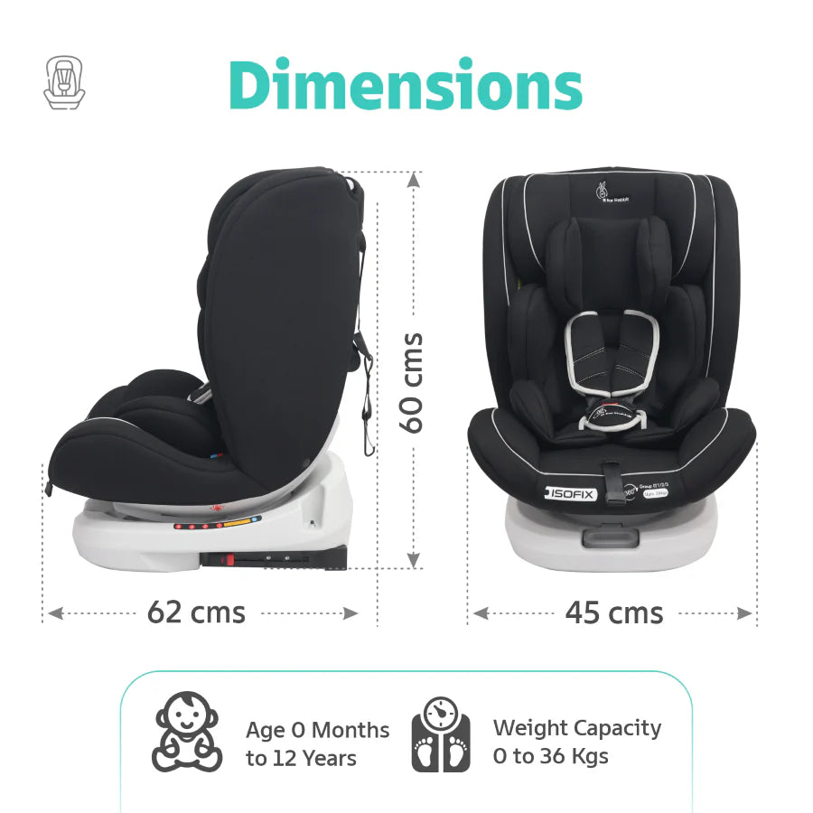 R For Rabbit Jack N Jill Grand ISOFIX Baby Car Seat Convertible 360 Rotatable Kids Car Seat, Pure Black