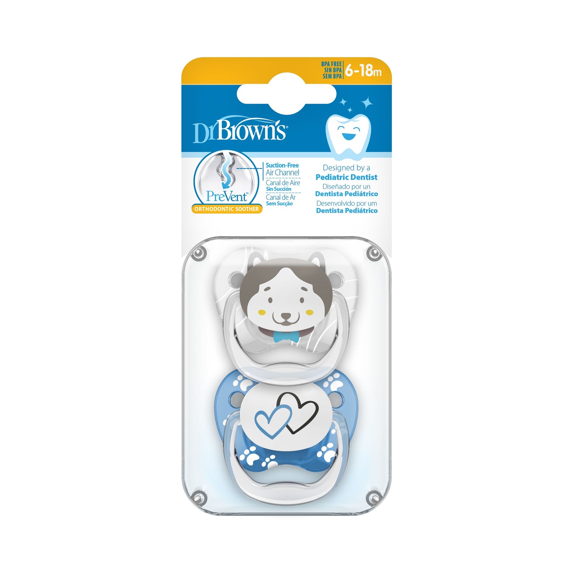Dr. Brown's Prevent Printed Shield Soother - Stage 2, Blue, 2-Pack, Blue, 6M to 12M