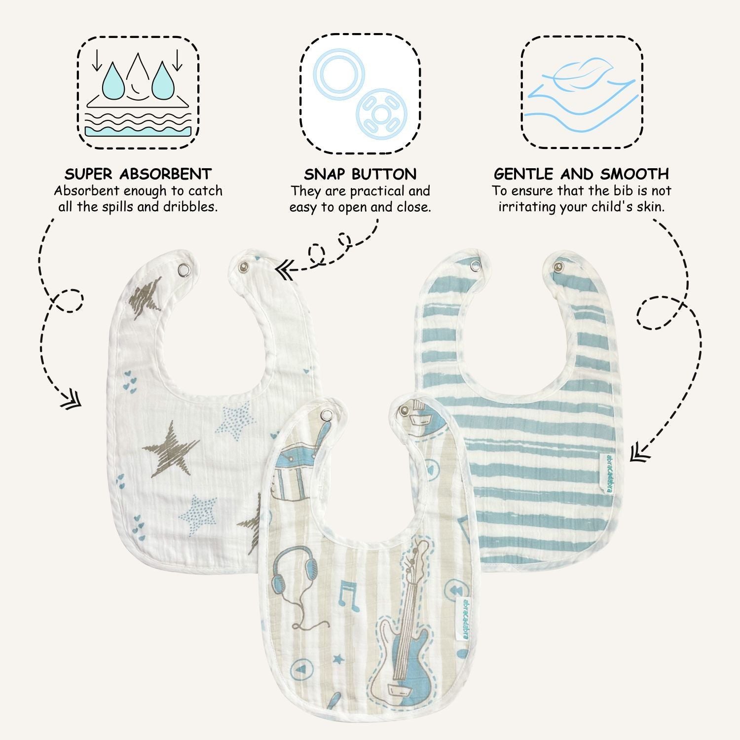 Abracadabra Muslin Bibs - Rockstar Pack of 3