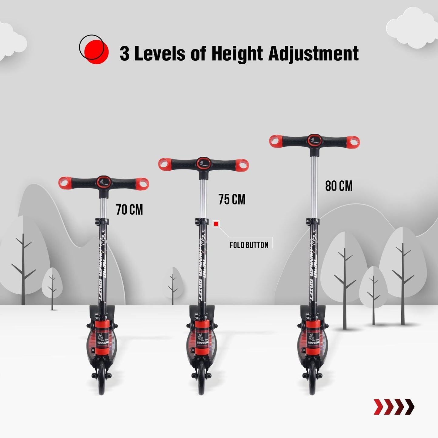 R for Rabbit Road Runner Drift Scooter - Metal Body, 3 Level Height Adjustment, Anti Slip Deck Pure Black