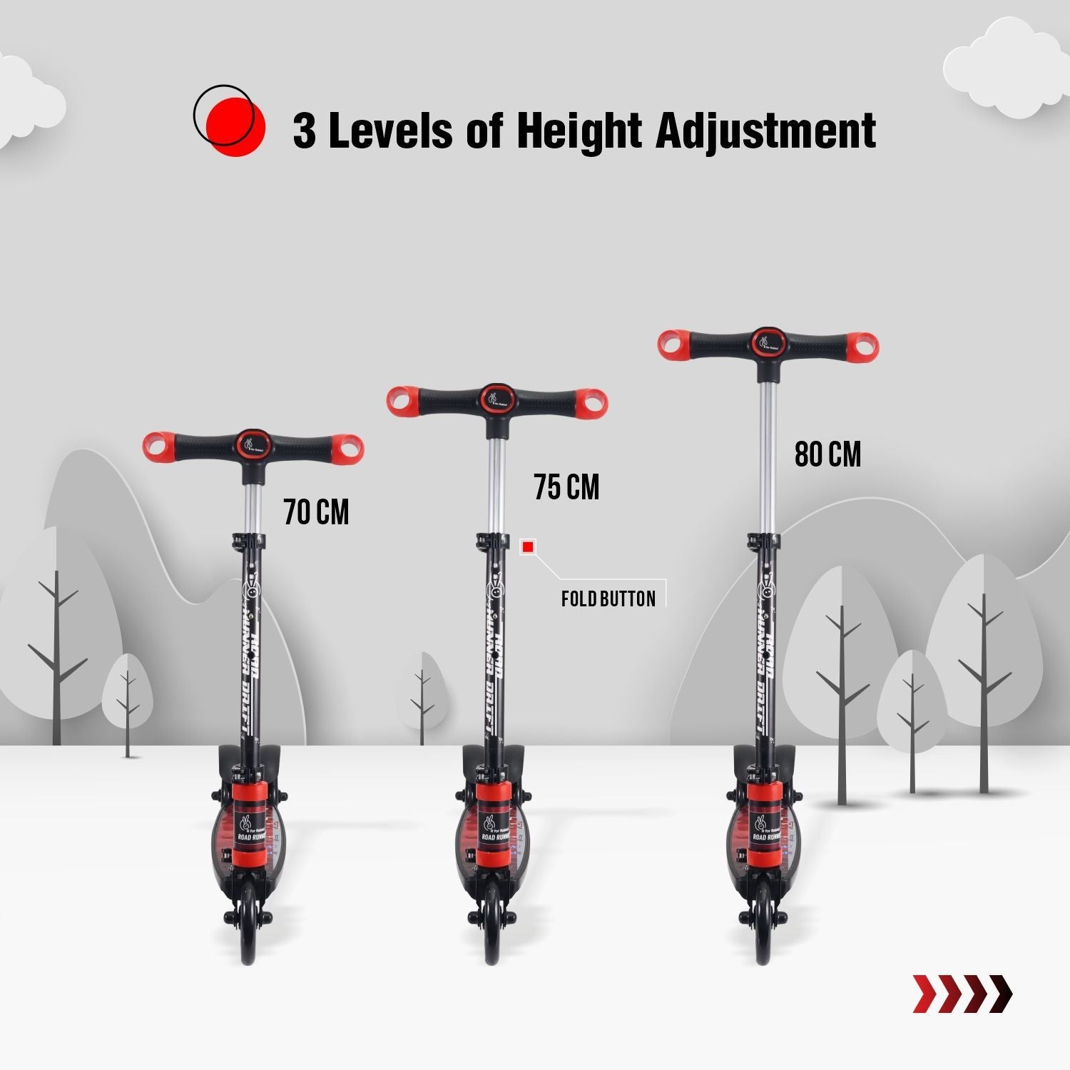 R for Rabbit Road Runner Drift Scooter - Metal Body, 3 Level Height Adjustment, Anti Slip Deck Pure Black