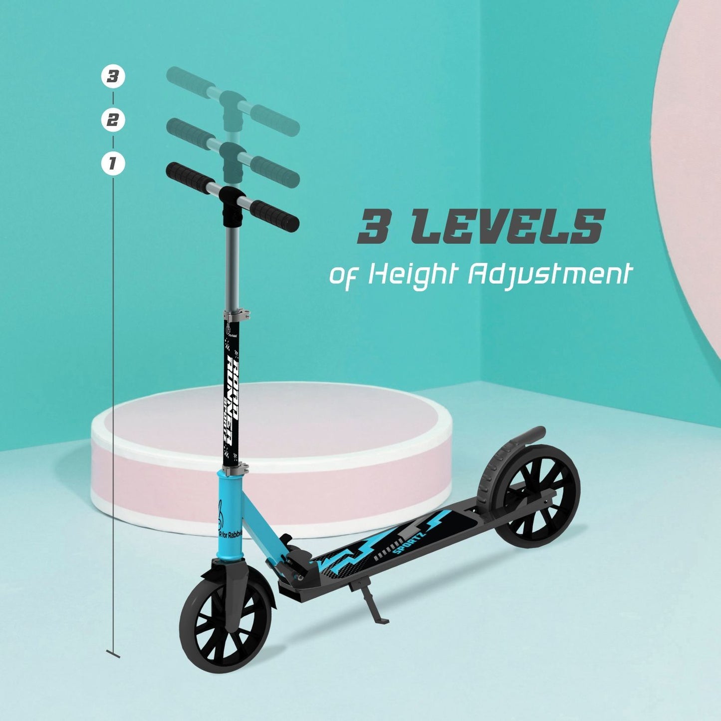 R for Rabbit Road Runner Sportz Scooter - 3 Level Height Adjustment, Easy Fold, Wide Base & Stand Lake Blue