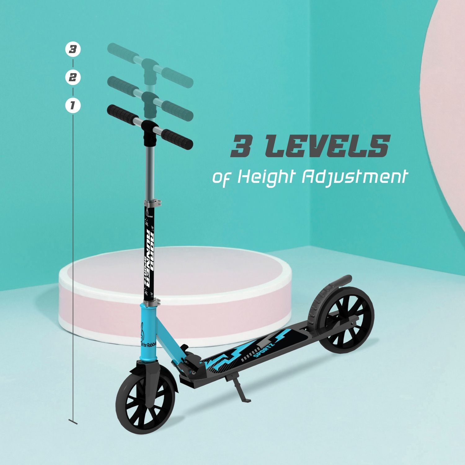 R for Rabbit Road Runner Sportz Scooter - 3 Level Height Adjustment, Easy Fold, Wide Base & Stand Lake Blue