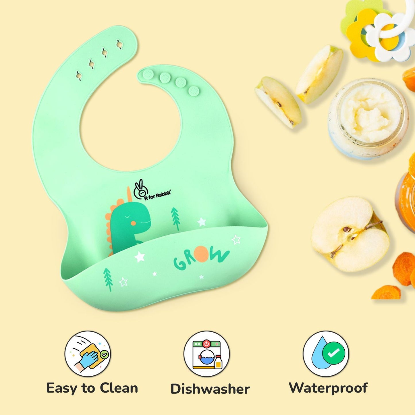 R for Rabbit Safari Silicone Bib For Baby Comfortable Soft And Built-In Food Pocket Sea Green