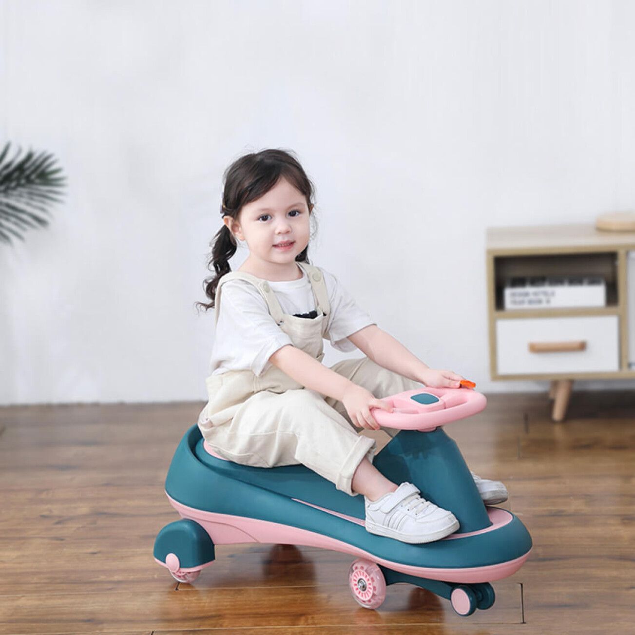 R for Rabbit Iya Iya Drift Swing Car - Inbuilt Music, Scratch Free PU Led Wheels, Up To 125 Kgs Capacity Green Pink
