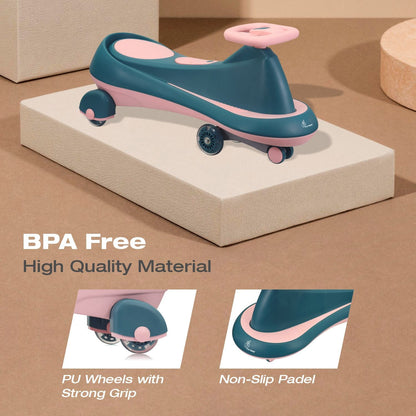 R for Rabbit Iya Iya Drift Swing Car - Inbuilt Music, Scratch Free PU Led Wheels, Up To 125 Kgs Capacity Green Pink