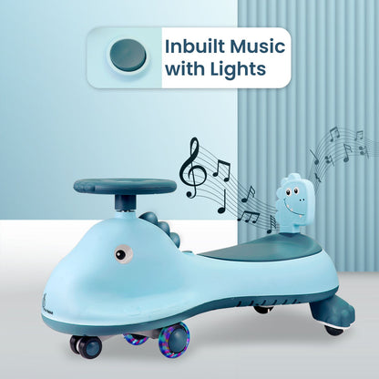 R for Rabbit Iya Iya Dino Swing Car - Inbuilt Music With Light, PU LED Wheels, ABEC 7 Bearing, Up To 100 Kgs Capacity Blue