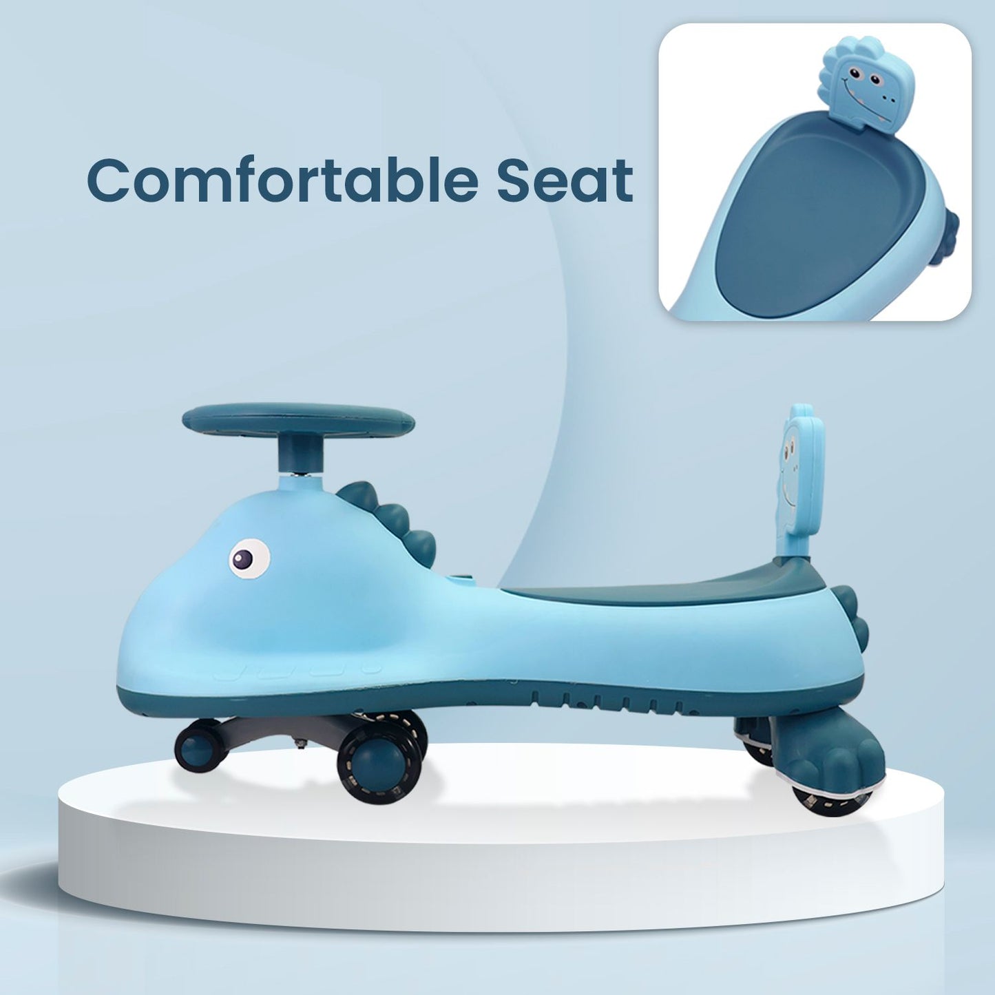 R for Rabbit Iya Iya Dino Swing Car - Inbuilt Music With Light, PU LED Wheels, ABEC 7 Bearing, Up To 100 Kgs Capacity Blue